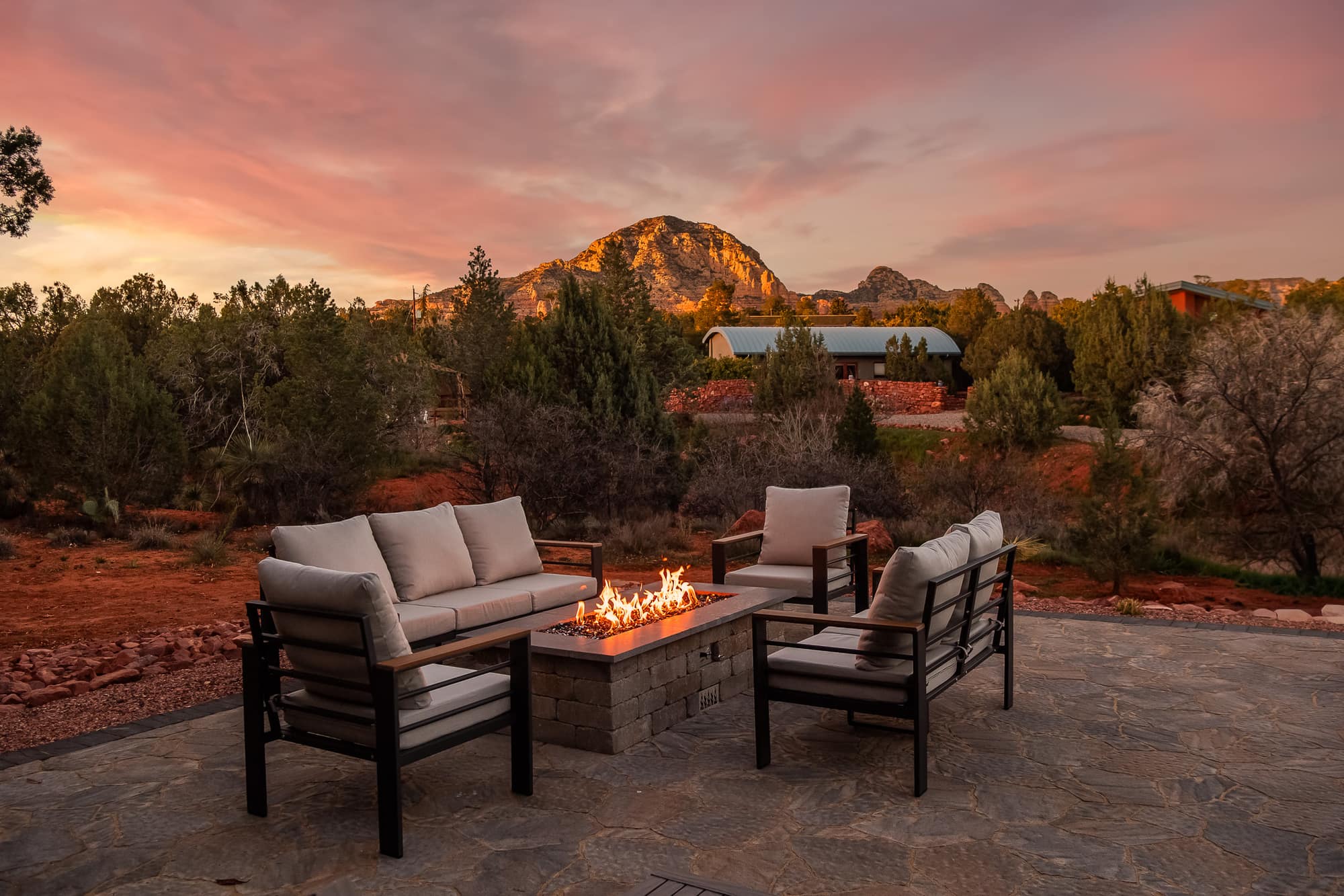 The firepit lounge at sunset