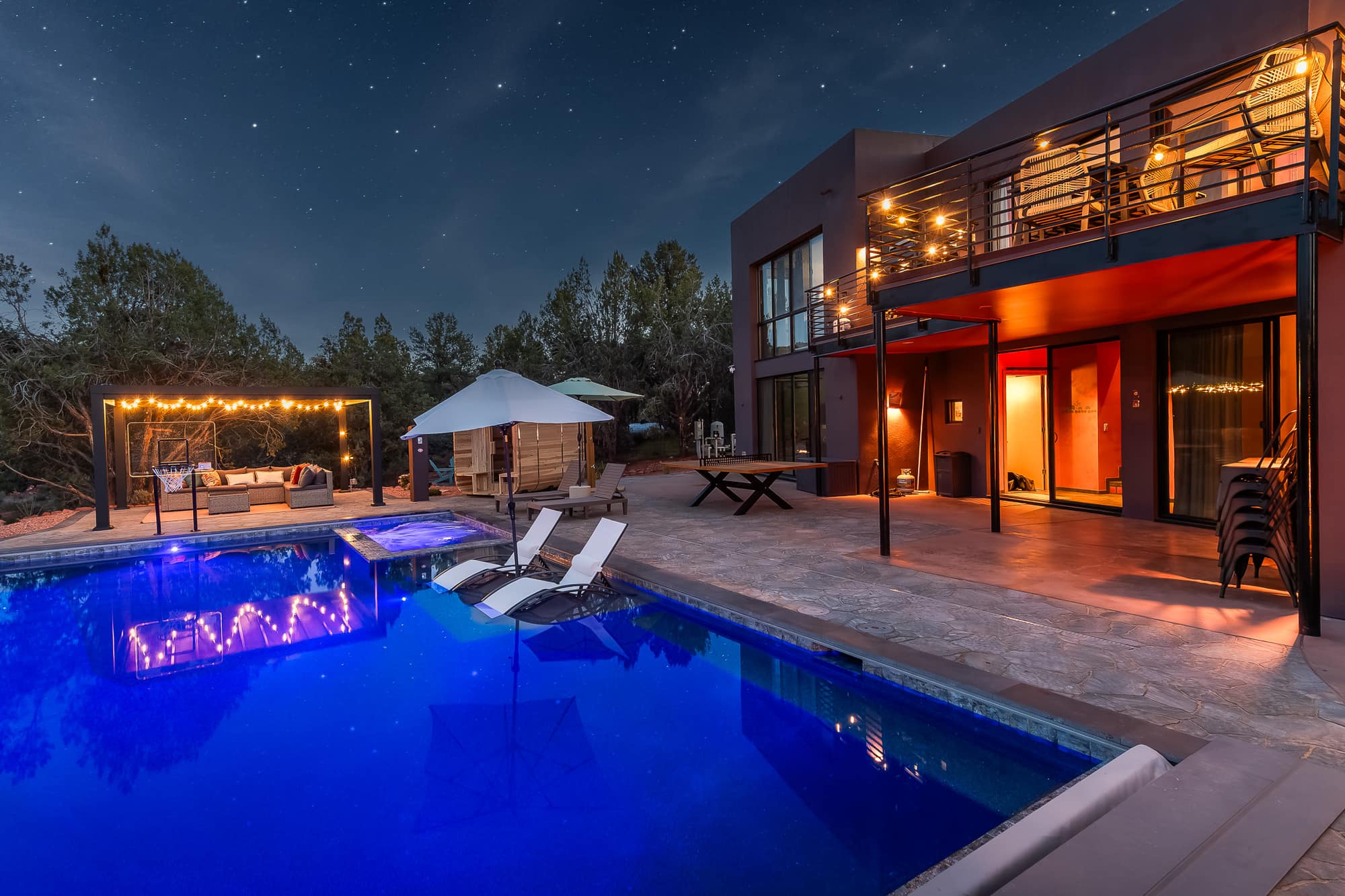 The pool lit up at night