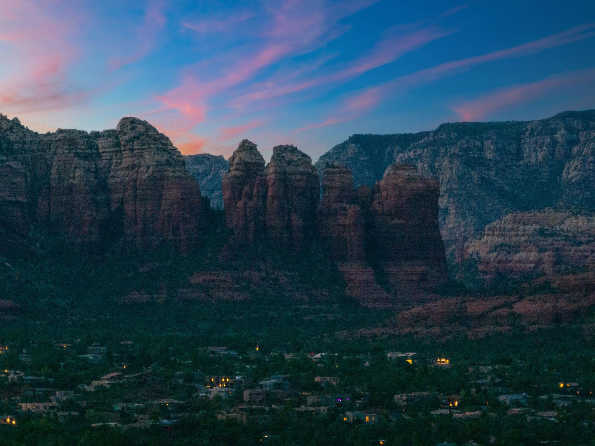 Sedona red rocks glowing at dusk