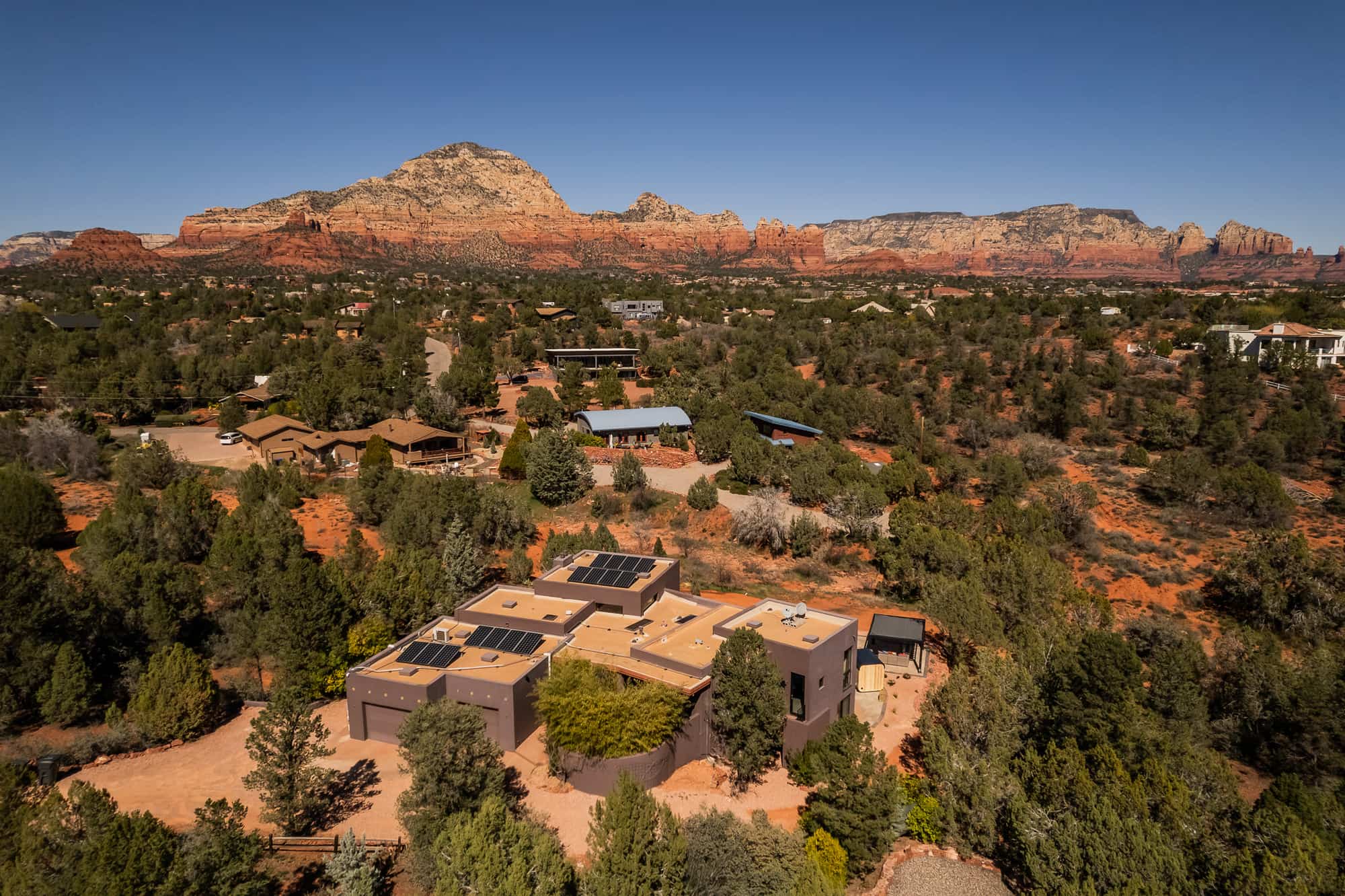 Aerial view of the red rock country around the house